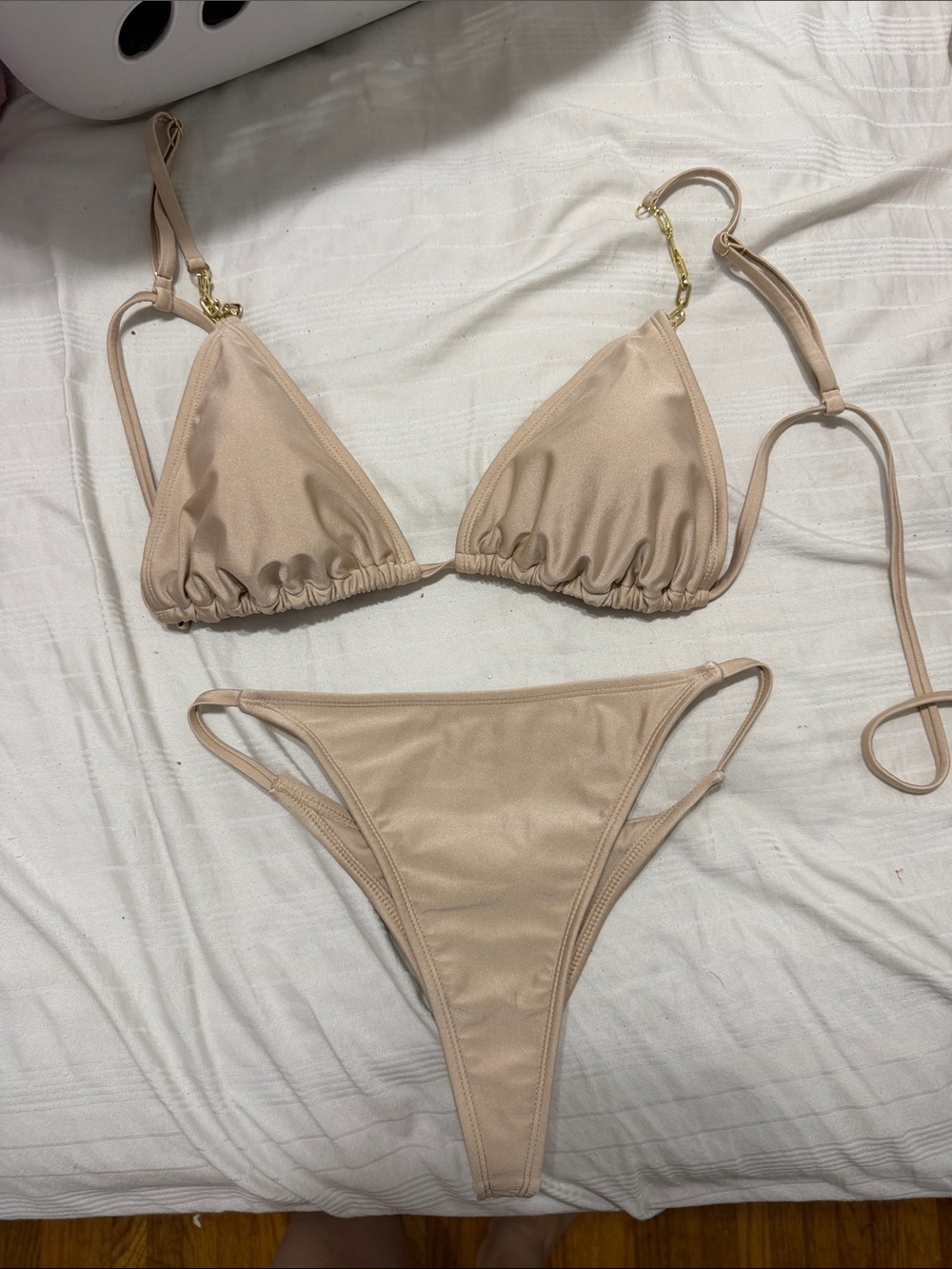 Women’s Nude Triangle Bikini Set with Gold Accents